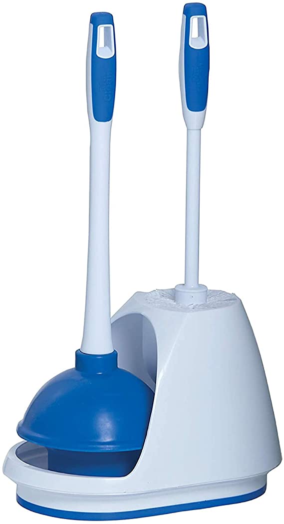 Mr Clean 440436 Combo, White/Blue Plunger and Bowl Brush Caddy Set, Toilet, Turbo Plunger & Brush