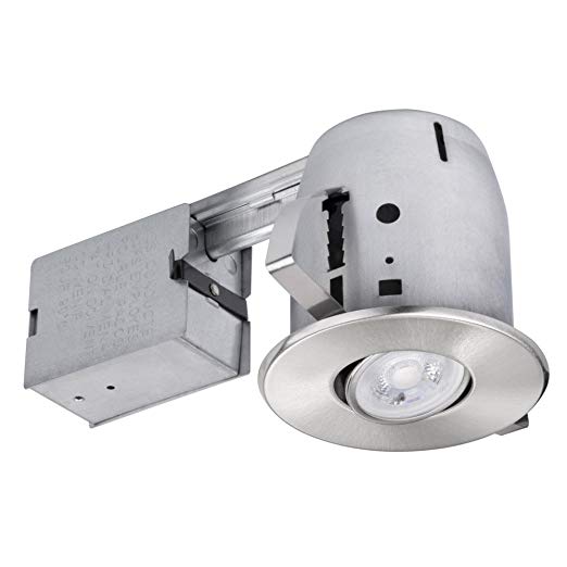 4" LED IC Rated Swivel Spotlight Recessed Lighting Kit Dimmable Downlight, Round Trim, Brushed Nickel Finish, Easy Install Push-N-Click Clips, 1x GU10 LED Bulb Included, Globe Electric 90734