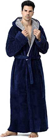 Men Robe with Hood Warm Long Bathrobe Full Length Plush Soft Sleepwear Housecoat Mens Hooded Fleece Robes