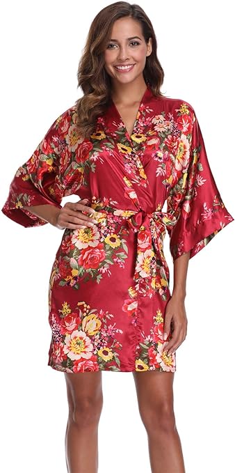 Super Shopping-zone Women's Floral Satin Kimono Robes Short Bridesmaid Robes for Wedding Party