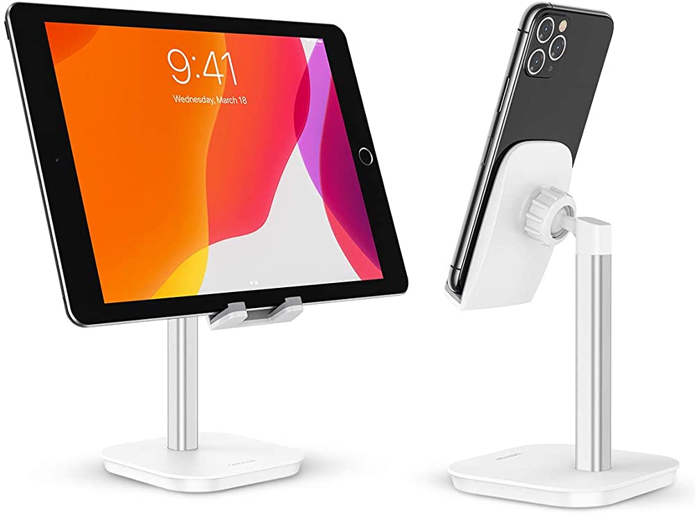 OMOTON Cell Phone Stand, Fully Rotatable Desk Phone Holder with Weighted Base, Compatible with All Cell Phones, iPad, Samsung Tabs and Other Devices (4-12.9") (White)