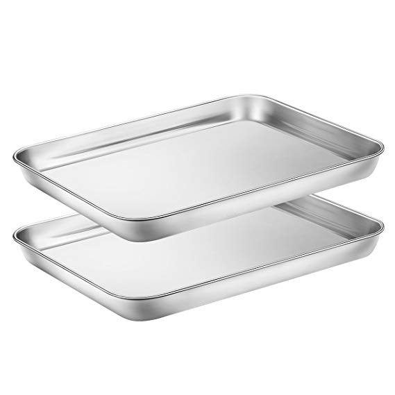 Baking Sheets Set of 2, HKJ Chef Cookie Sheets 2 Pieces & Stainless Steel Baking Pans & Toaster Oven Tray Pans, Rectangle Size 10L x 8W x 1H inch & Non Toxic & Healthy & Easy Clean