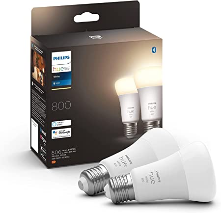 Philips Hue NEW White Smart Light Bulb 60W - 800 Lumen 2 Pack [E27 Edison Screw] With Bluetooth. Works with Alexa, Google Assistant, Apple Homekit. For Home Indoor Lighting, Livingroom and Bedroom.