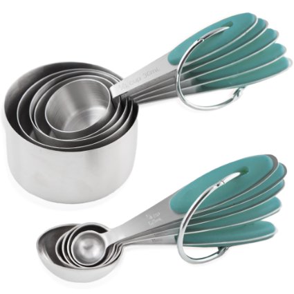 Chef U Measuring Cups and Spoons - Set of 10 Pieces - Premium Quality - Sturdy Build, Lightweight, Rust Proof - Engraved Measurements, Food Grade Silicone Grip - Can be Nested and Stacked (Teal)