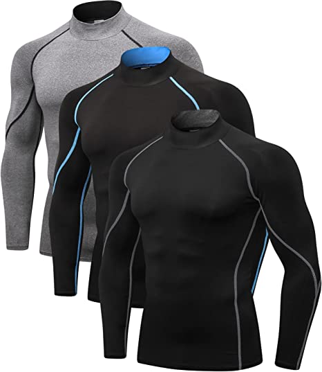 Odoland Mens 3 Pack Long Sleeve Compression Shirts, Athletic Mock Turtleneck Shirts, Active Workout Cool Dry Base Layer Top