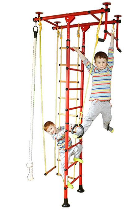 Wall Bars Swedish Ladder Gymnastic Indoor Children Playground Home Sport Fitness Complex with Gymnastic Rings, Rope Ladder, Climbing Rope, Swing, Horizontal Bar Pull-up FitTop M1