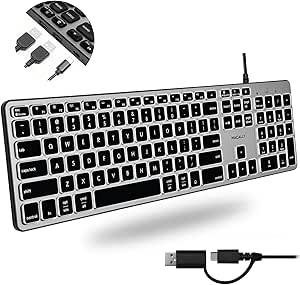 Macally Wired Keyboard for Mac with USB Hub (2X USB-A / 1x USB-C) - Compatible Backlit Apple Keyboard with Dual Interface - Auto OS Detection for Mac, MacBook Pro/Air, iMac, PC, Android, iPad, iOS