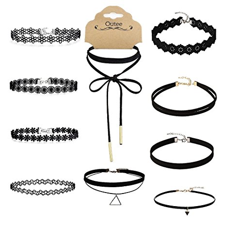 Outee 10 Pieces Black Velvet Chokers Necklaces, Lace and Black Triangle Chokers Necklaces