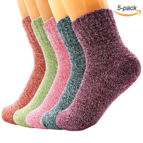 VentoMarea 5 Pairs Winter Thick Socks Wool Cashmere Knitting Warm and Soft Casual Crew Socks for Women and Girls
