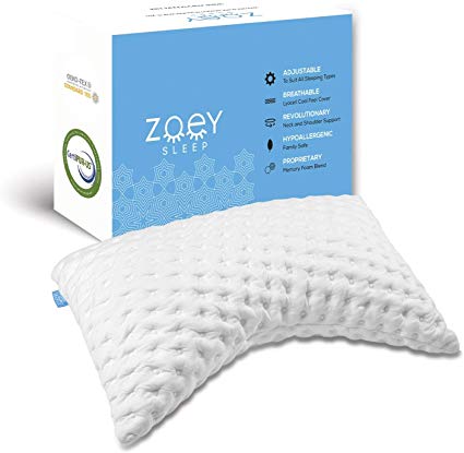 Zoey Sleep Side Sleeper and Back Sleeper Shredded Memory Foam Curved Pillow - 100% Adjustable - Chiropractic Queen Size -19 x 29 Inch - CertiPUR-US/Oeko Certified (White)