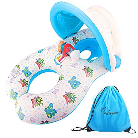 Dual Person Mommy and Baby Inflatable Baby Pool Float Swimming Ring with Canopy and Storage bag