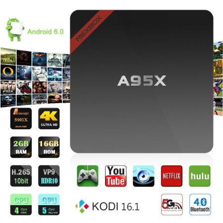 NEXBOX Android 6.0 4K TV Box A95X Pro Amlogic S905X Quad Core 2G/16G KODI 16.1 Pre-installed Support VP9 HDR HEVC Rooted Streaming Media Player 2.4G/ 5G Dual Band Wifi BT 4.0 with Spdif