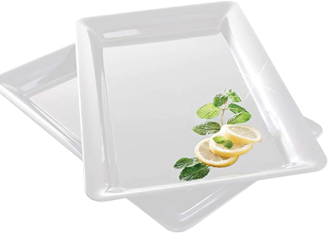 4 Rectangle White Plastic Trays Heavy Duty Plastic Serving Tray 12" x 18" Serving Platters Food Tray Decorative Serving Trays Wedding Platter Party Trays Great Disposable Serving Party Platters White
