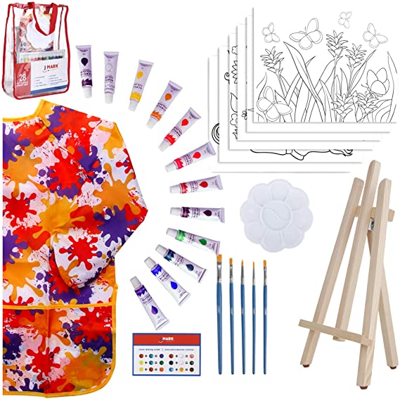 Kids Art Set for Girls – 28 Piece Acrylic Painting Supplies Kit with Storage Bag, 12 Washable Paints, 1 Scratch Free Paint Easel, 6 Pre-Stenciled Canvases 8 x 10 inches, 5 Brushes, 10 Well Palette