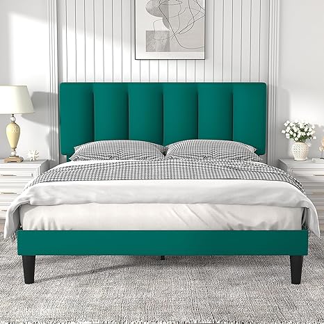 VECELO Full Bed Frames, Upholstered Platform Bedframe, Adjustable Headboard, Wood Slat Support, No Box Spring Needed, Easy Assembly, Dark Green