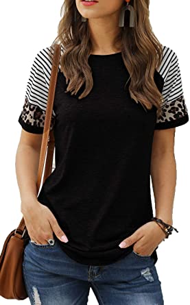 Sieanear Womens T Shirts Short Sleeve Striped Color Block Leopard Casual Tops