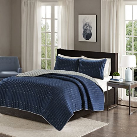 Comfort Spaces - Bayley Mini Reversible Quilt Set - 3 Piece - Embroidery Stitches - Navy, Grey, Full/Queen Size, includes 1 Quilt, 2 Shams