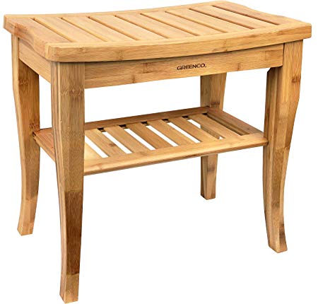 Greenco Waterproof Bamboo Shower Bench with Shelf, Wooden Spa Bath Stool, Indoor and Outdoor.