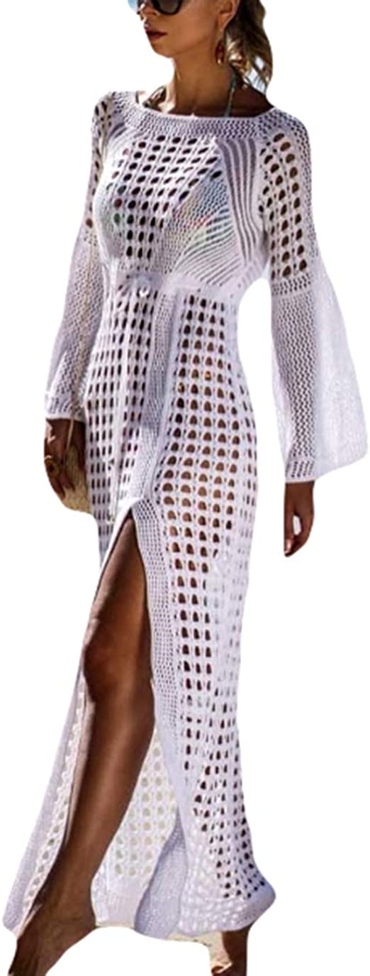 Bsubseach Women Lace Up V Neck Long Sleeve Crochet Swimsuit Cover Up Dress