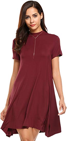 Beyove Women Asymmetrical Mock Neck Short Sleeve Casual Plain Loose Tunic Dress