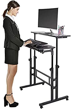 Mobile Standing Desk, Adjustable Computer Desk Rolling Laptop Desk Cart on Wheels Home Office Computer Workstation, Portable Laptop Stand Tall Table for Standing Sitting, Black