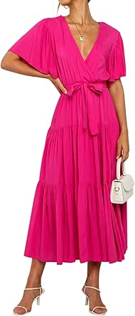 R.Vivimos Summer Dress for Women Cotton Ruffle Short Sleeves V Neck Casual Flowy Midi Dress with Belt