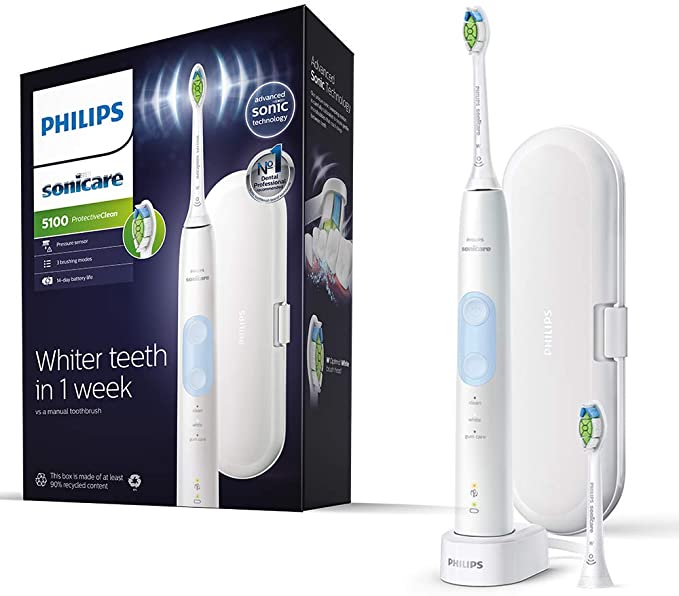 Philips Sonicare ProtectiveClean 5100 Electric Toothbrush, White/Light Blue, with Travel Case,  3 x Cleaning Modes & 2 x Whitening Brush Head (UK 2-pin Bathroom Plug) - HX6859/29