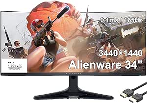 Dell Alienware AW3423DWF 34" Curved Gaming Monitor, QD-OLED (3440x1440) 165Hz Display, 0.1ms Gray-to-Gray, 1.07 Billions Colors, AMD FreeSync Premium Pro, DisplayPort/HDMI, with MTC HDMI Cable