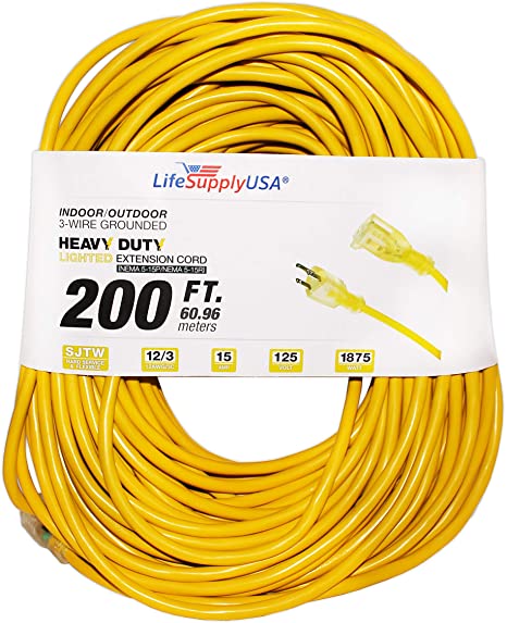 200 ft Extension Cord 12/3 SJTW with Lighted end - Yellow - Indoor / Outdoor Heavy Duty Extra Durability 15 AMP 125 Volts 1875 Watts by LifeSupplyUSA