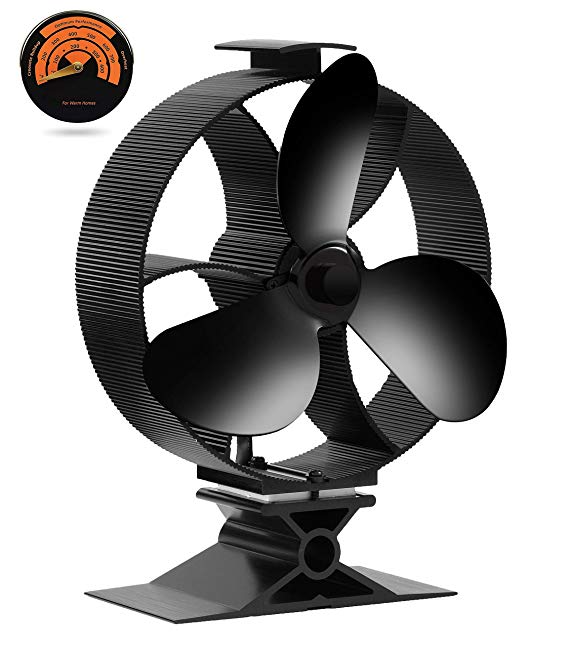 Chekue Wood Stove Fan with Thermometer, 3 Blades Heat Powered Stove Fan for Pellet/Wood Burning Stove/Log Burner, Ultra Quiet, Eco Friendly & Efficient Heat Distribution