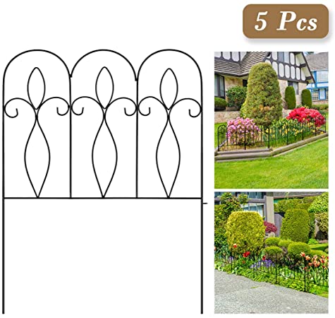 Decorative Garden Fence 32in x 10 ft Outdoor Coated Metal Folding Garden Fencing Garden Border Edging Fence Set Wire Folding Fencing for Landscaping, Garden Fence Animal Barrier, 5 Pieces, Black
