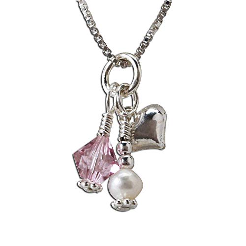 Girl's Sterling Silver Simulated Birthstone Heart Necklace with Cultured Pearl, 14"