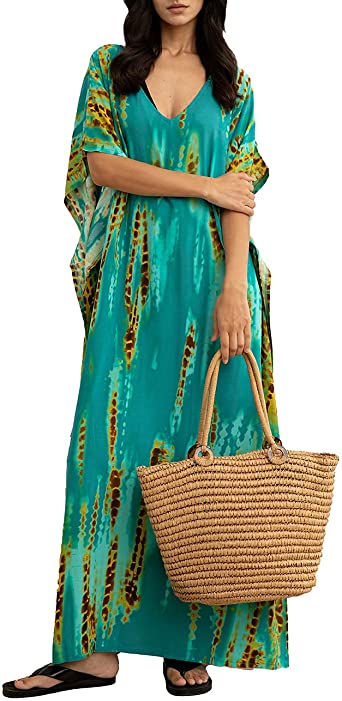 Bsubseach Women Print Beach Kaftan Dress Short Sleeve Plus Size Bathing Suit Cover Ups