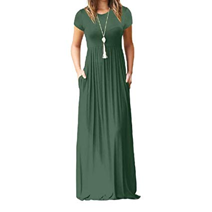 PRIMODA Women's Casual Maxi Dress with Pockets Plain Loose Swing Short Sleeve T-Shirt Long Dresses