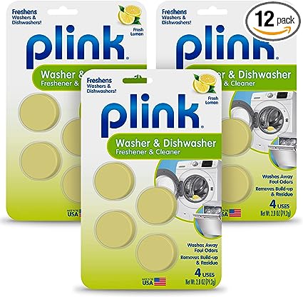 Plink Washer and Dishwasher Freshener and Cleaner, Prevents Residue, Removes Odors in Kitchen and Laundry Room Appliances, Septic-Friendly, Fresh Lemon Scent, 3 Packs of 4, 12 Tablets Total