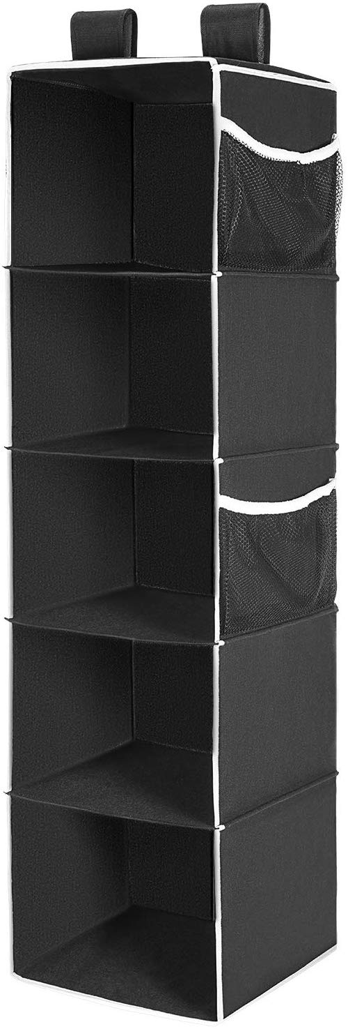 MaidMAX Hanging Wardrobe Storage, 5 Shelves Heavy Duty Organiser Storage Unit with 4 Side mesh Pockets for Sweaters, Shoes, Accessories - Black(30.5 L x 29.2 W x 106.6 H cm)