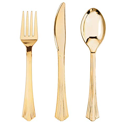 BUCLA 360 Gold Plastic Silverware- Glod Plastic Cutlery - Premium Heavyweight Disposable Flatware including: 120 Forks, 120 Spoons, 120 Knives