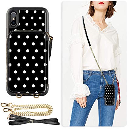 ZVE Wallet Case for iPhone Xs Max, 6.5 inch, Case with Credit Card Holder Slot Crossbody Chain Handbag Purse Wrist Zipper Strap Case Cover for Apple iPhone Xs Max 6.5 inch - Polka Dots