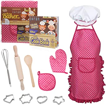 Beverly Hills Cooking and Baking Chef Role Play Dress up Set for Kids 12 Piece Pretend Playset with Cookbook (12 Recipes), Utensils and Apron