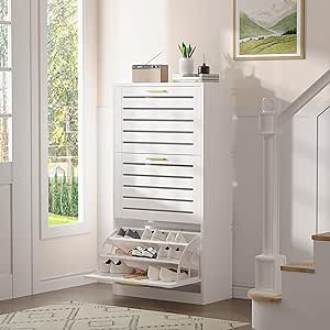 VECELO Shoe Cabinet Storage for Entryway with 3 Flip Drawers Slim Hidden Free Standing Organizer for Narrow Hallway, Bedroom, Living Room, Large Capacity, Modern, White, 3-Shelf