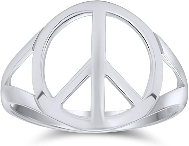 Open Symbol World Peace Sign Ring For Teen For Women 925 Sterling Silver Spilt Shank Band