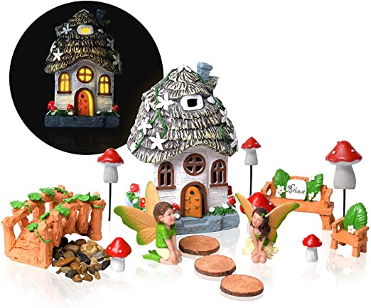 Fairy Garden Kit – 16Pcs Fairy House Accessories – Miniature Garden Kit Includes Solar LED House, Bridge, Boy and Girl Fairies – Long-Lasting Materials – Ideal for Kids, Adults, DIY Projects