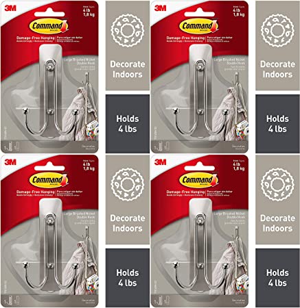 Command Silver Double Hook, Indoor Use, 1 Hook, 1 Strip (17036BN-ES), Pack of 4