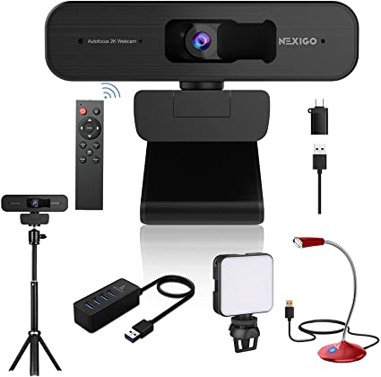 2K Zoomable Webcam Kits, AutoFocus, Support 1080P@ 60FPS, 3X Digital Zoom, Remote Control, Tripod Stand, USB Microphone, 4-Port USB Hub, Video Conference Lighting, for Zoom/Skype/Teams/Webex, MAC PC