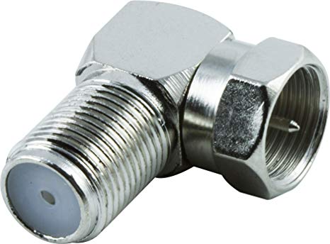 GE Right Angle F Connector, for Coax Connections, F-Type Connector, RG6, RG59, Audio, Video, Ideal for HDTV, TV Antenna, DVR, VCR, Cable Box, Home Theater, No Tools Required, Screw On, Nickel, 34483