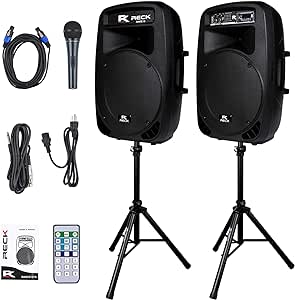 Proreck Dance 15 Portable 15-Inch 2000 Watt 2-Way Powered PA Speaker System Combo Set with Bluetooth/USB/SD Card Reader/FM Radio/Remote Control/LED Light