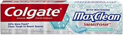Colgate MaxClean Smartfoam with Whitening, Spearmint Blast Toothpaste, 6 Ounce (Pack of 2)