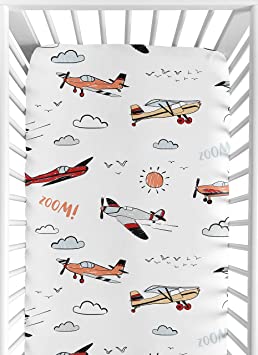 Sweet Jojo Designs Vintage Airplane Boy Fitted Crib Sheet Baby or Toddler Bed Nursery - Grey Yellow Orange Red White and Blue Airplanes Air Plane Transportation Clouds Sun Sky Aviator Aviation