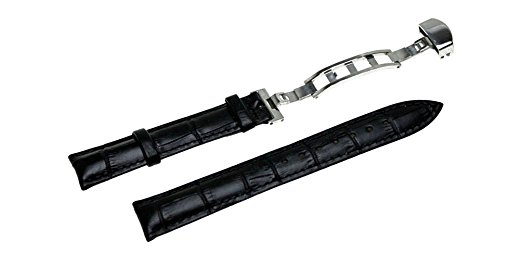 RECHERE 17mm Alligator Grain Leather Watch Band Strap Deployment Clasp Color Black