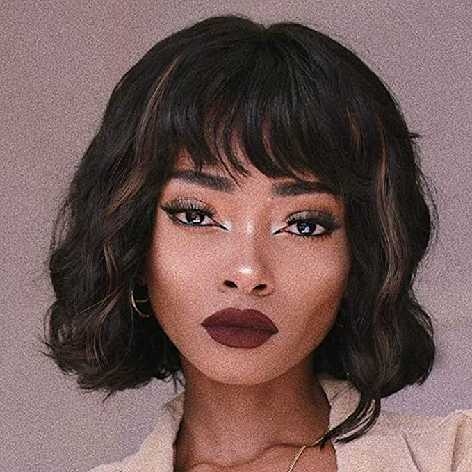 AISI HAIR Short Curly Bob Wigs with Bangs Black Mix and Brown Synthetic Wavy Wave Bob Wig Natural Looking Heat Resistant Fiber Wigs for Women (Black Mix and Brown)